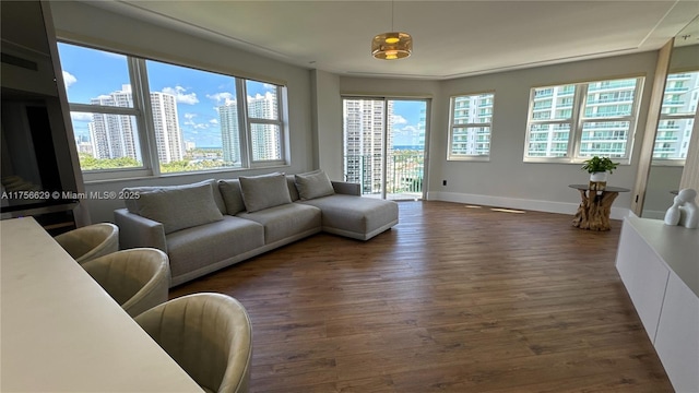 living room featuring dark wood-style floors, a city view, and baseboards