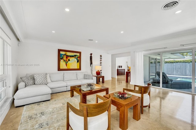 living room with visible vents and recessed lighting