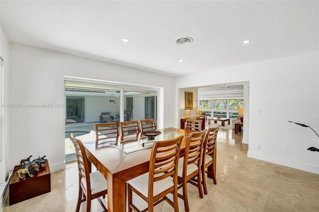 dining room featuring recessed lighting, visible vents, and baseboards