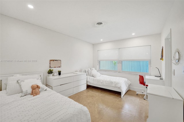 bedroom with light tile patterned floors, visible vents, and recessed lighting