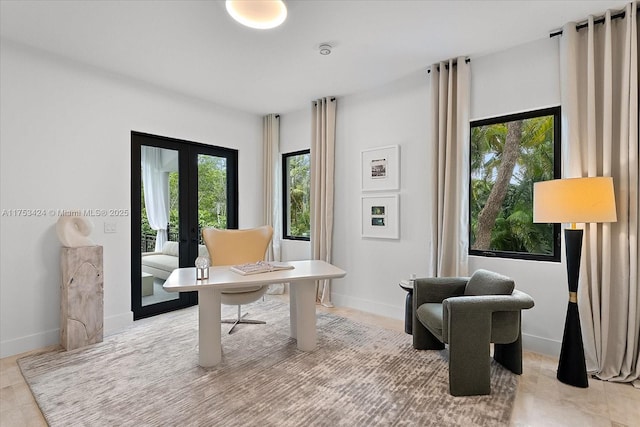 home office featuring french doors and baseboards