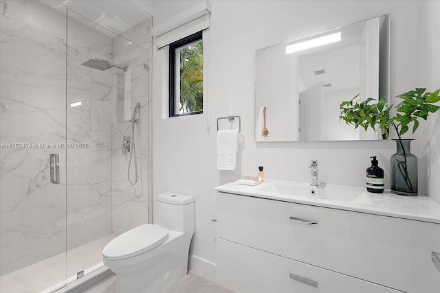 bathroom with a marble finish shower, visible vents, toilet, and vanity