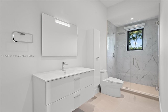 full bath featuring toilet, recessed lighting, a marble finish shower, tile patterned flooring, and vanity