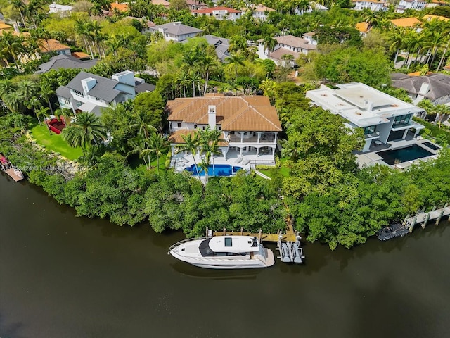 aerial view featuring a residential view and a water view