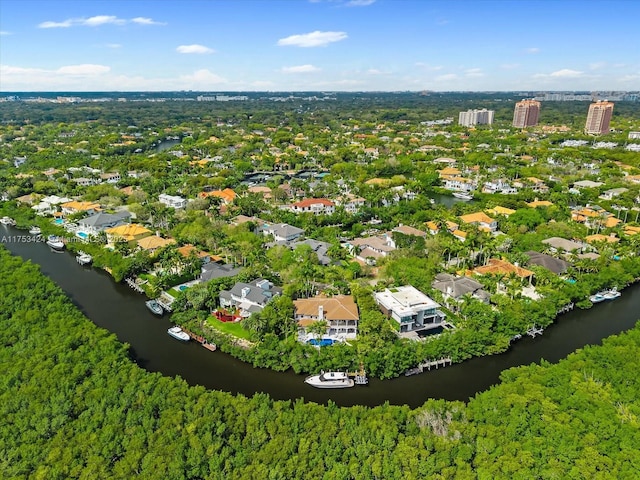 aerial view featuring a residential view and a water view