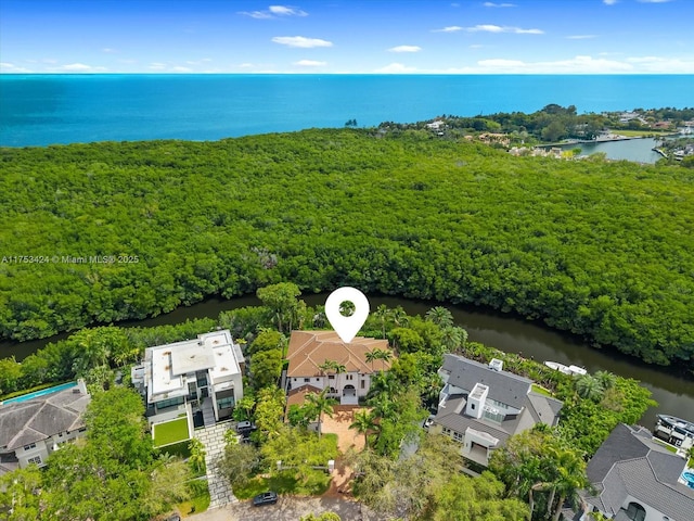 aerial view featuring a residential view and a water view