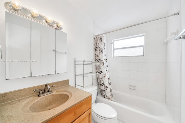 full bath featuring shower / bath combo, vanity, and toilet