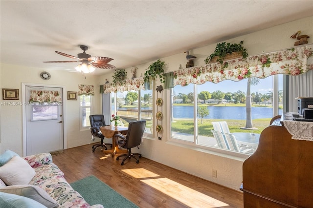 interior space with a water view, ceiling fan, and a wealth of natural light