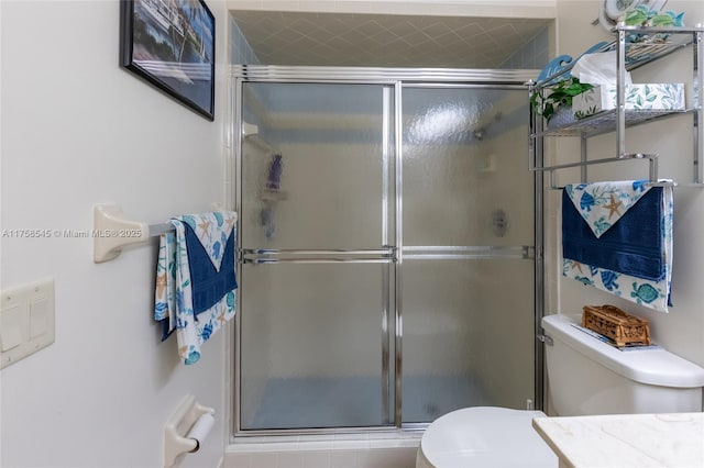 full bathroom featuring toilet, a stall shower, and vanity