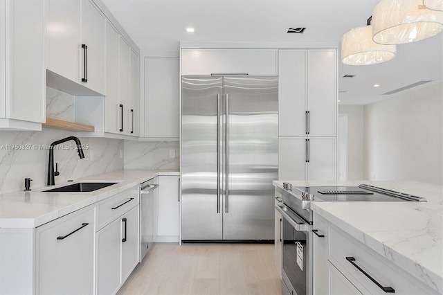 kitchen featuring appliances with stainless steel finishes, backsplash, a sink, and white cabinetry