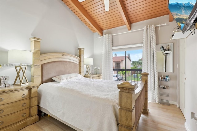 bedroom featuring wooden ceiling, vaulted ceiling with beams, and light wood finished floors