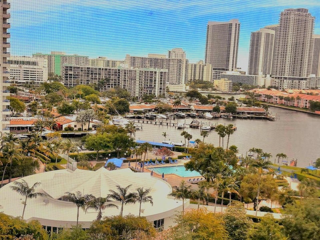 drone / aerial view with a view of city and a water view