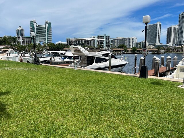 600 Three Islands Blvd Unit 1015, Hallandale Beach, FL 33009 - dock with a skyline view, a water view, and a yard