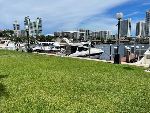 600 Three Islands Blvd Unit 1015, Hallandale Beach, FL 33009 - view of dock featuring a view of city, a water view, and a yard