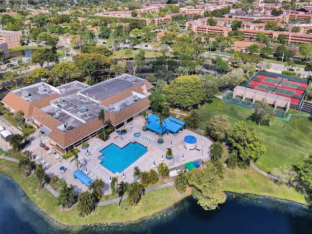 bird's eye view with a water view