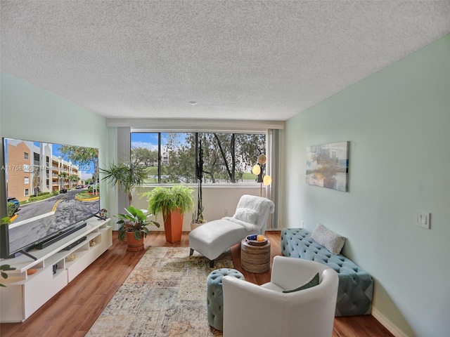 living area with wood finished floors, baseboards, and a textured ceiling