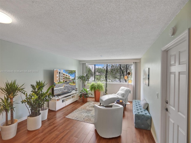 living room featuring a textured ceiling and wood finished floors