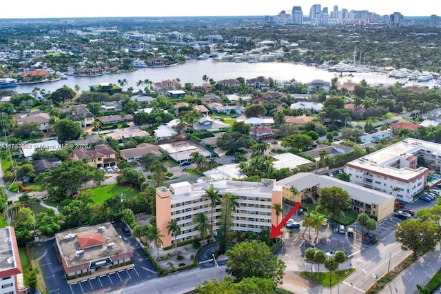 aerial view with a view of city and a water view