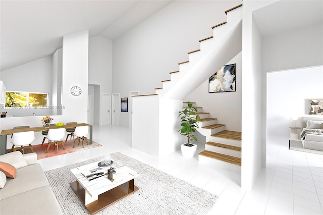 living area with stairs, high vaulted ceiling, and tile patterned floors