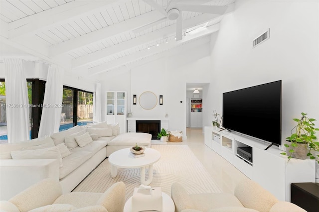 living area featuring visible vents, wooden ceiling, beamed ceiling, a brick fireplace, and high vaulted ceiling