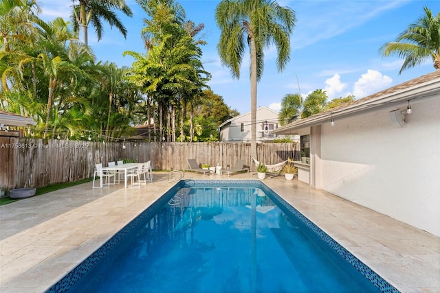 view of swimming pool featuring a patio area, a fenced backyard, and a fenced in pool