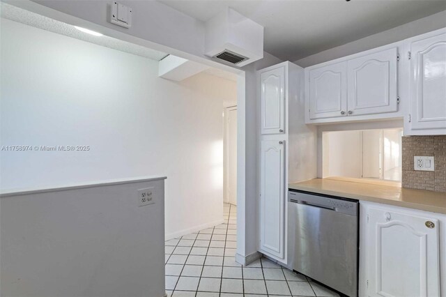 330 NE 26th Ave Unit 4160, Boynton Beach, FL 33435 - kitchen featuring dishwasher, white cabinets, decorative backsplash, light tile patterned floors, and light countertops