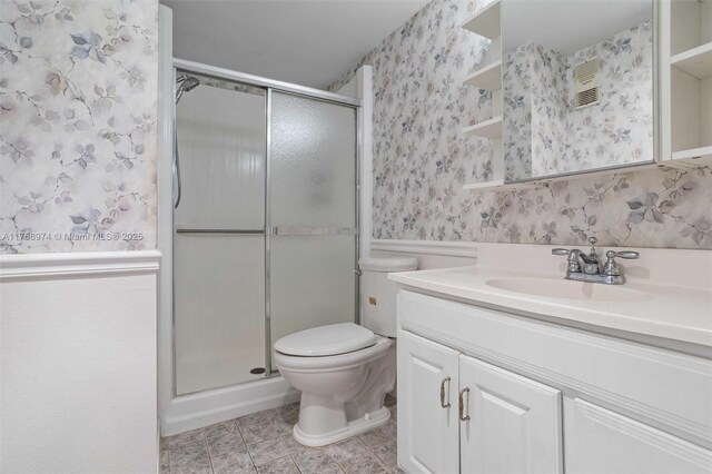330 NE 26th Ave Unit 4160, Boynton Beach, FL 33435 - bathroom featuring a stall shower, vanity, wallpapered walls, and tile patterned floors
