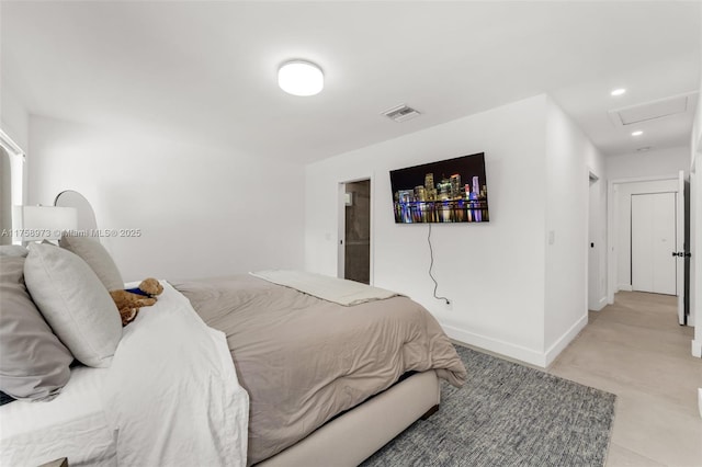 bedroom featuring visible vents, recessed lighting, attic access, and baseboards