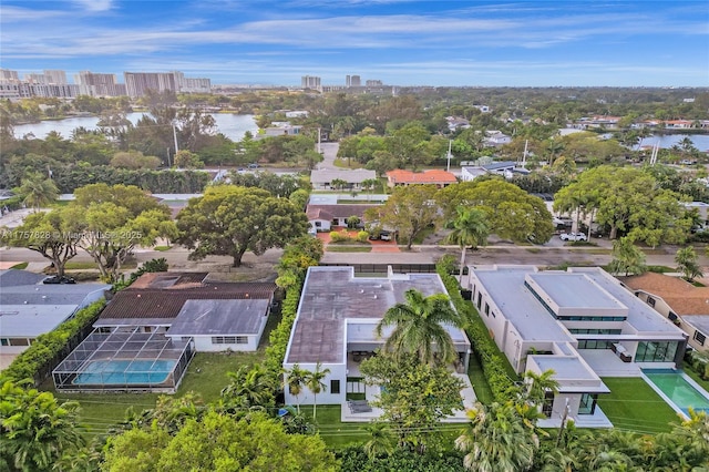 aerial view featuring a water view