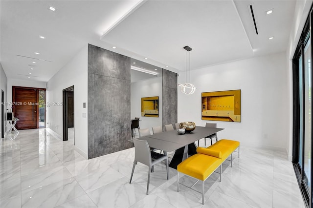 dining space with marble finish floor, elevator, and recessed lighting