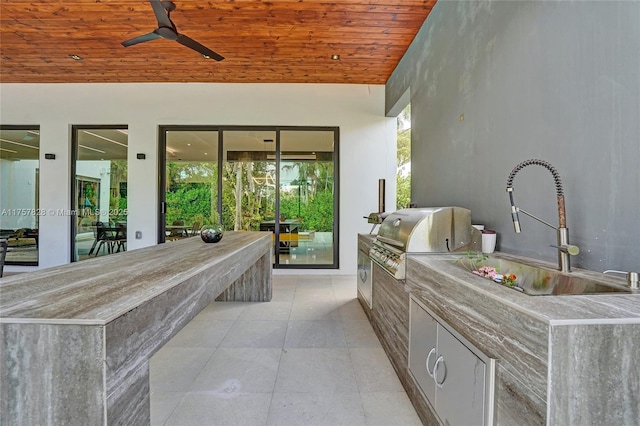 view of patio / terrace with a ceiling fan, a sink, and area for grilling