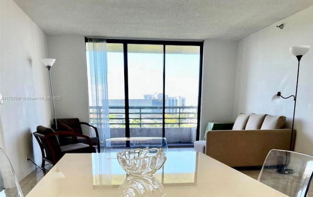 dining space with expansive windows, a textured ceiling, and a view of city