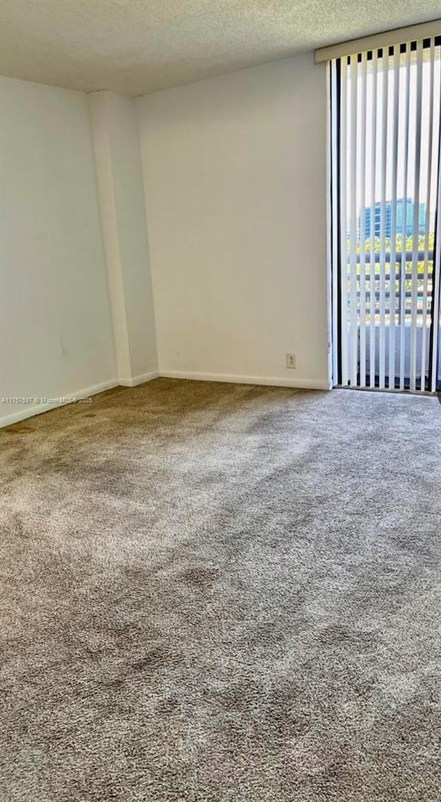 unfurnished room with a textured ceiling, carpet, and baseboards