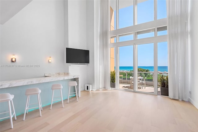 unfurnished living room with a high ceiling and wood finished floors