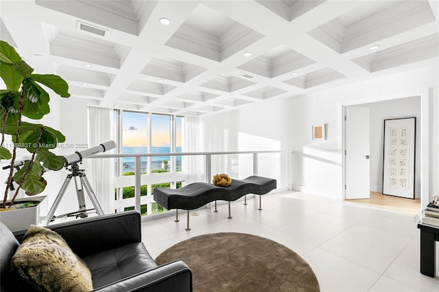 living area featuring visible vents, coffered ceiling, tile patterned flooring, beam ceiling, and recessed lighting