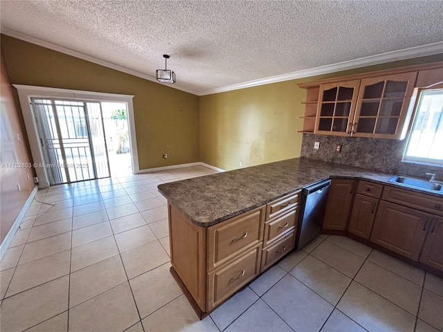 3162 W 69th Pl, Hialeah, FL 33018 - kitchen featuring dishwasher, a sink, crown molding, light tile patterned floors, and decorative backsplash