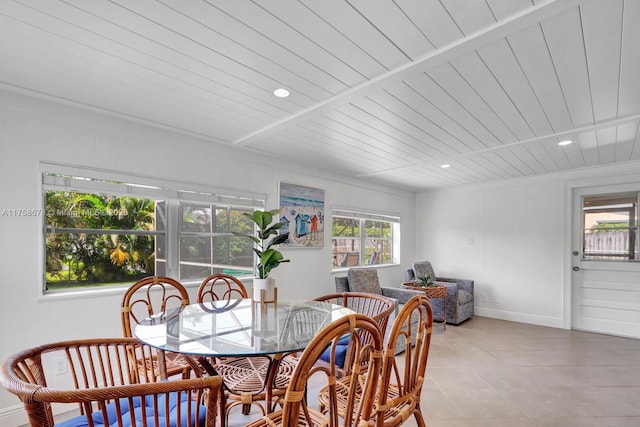 dining room featuring light tile patterned floors, baseboards, wood ceiling, and recessed lighting