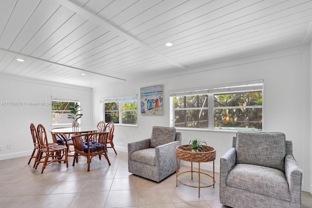 dining room with recessed lighting, wooden ceiling, baseboards, and tile patterned floors