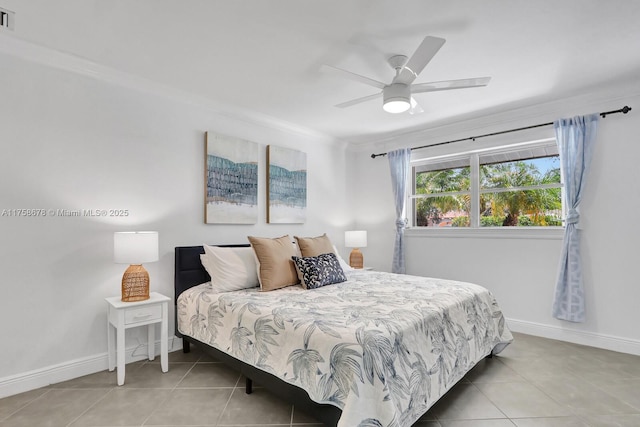 tiled bedroom featuring ceiling fan, visible vents, and baseboards