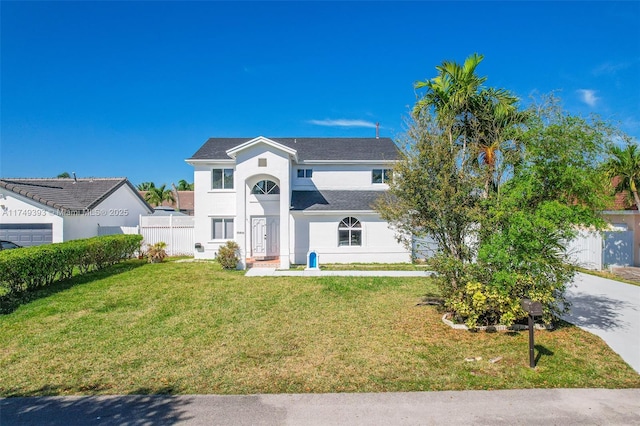 view of front facade with driveway, fence, a front lawn, and stucco siding