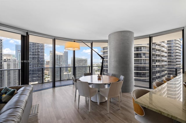 dining space featuring floor to ceiling windows, a city view, and wood finished floors