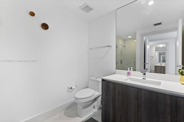 bathroom featuring marble finish floor, visible vents, toilet, and a marble finish shower