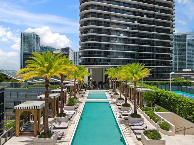 view of swimming pool with a city view