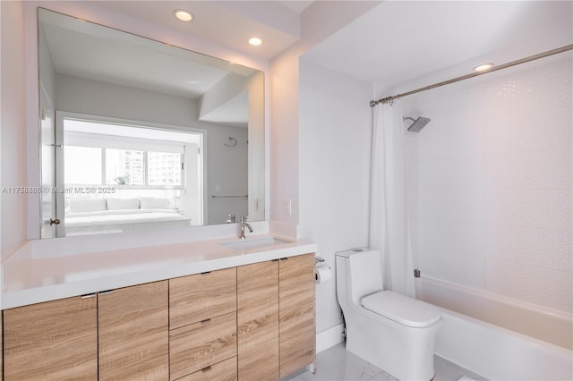 full bath featuring recessed lighting, shower / tub combination, vanity, and toilet