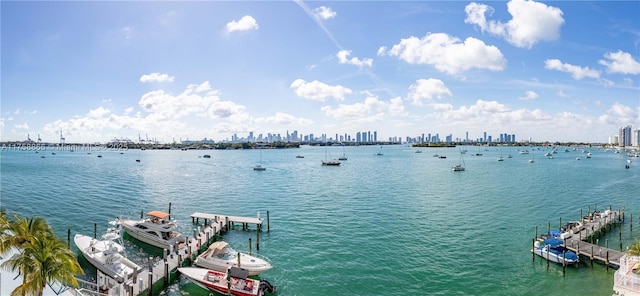 view of water feature with a dock and a city view