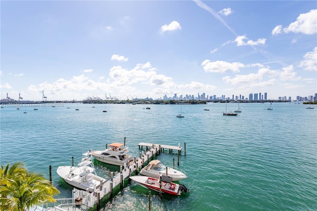 property view of water with a view of city and a dock