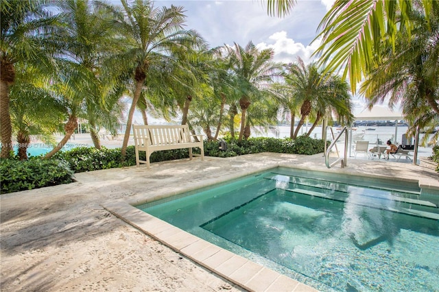 view of swimming pool with a patio and a community hot tub