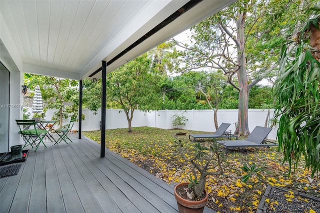 wooden deck with a fenced backyard