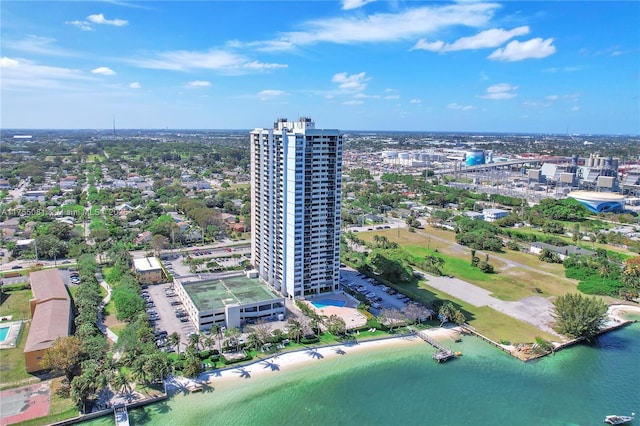 bird's eye view featuring a view of city and a water view