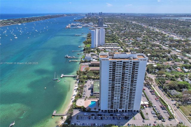 bird's eye view featuring a water view and a view of city